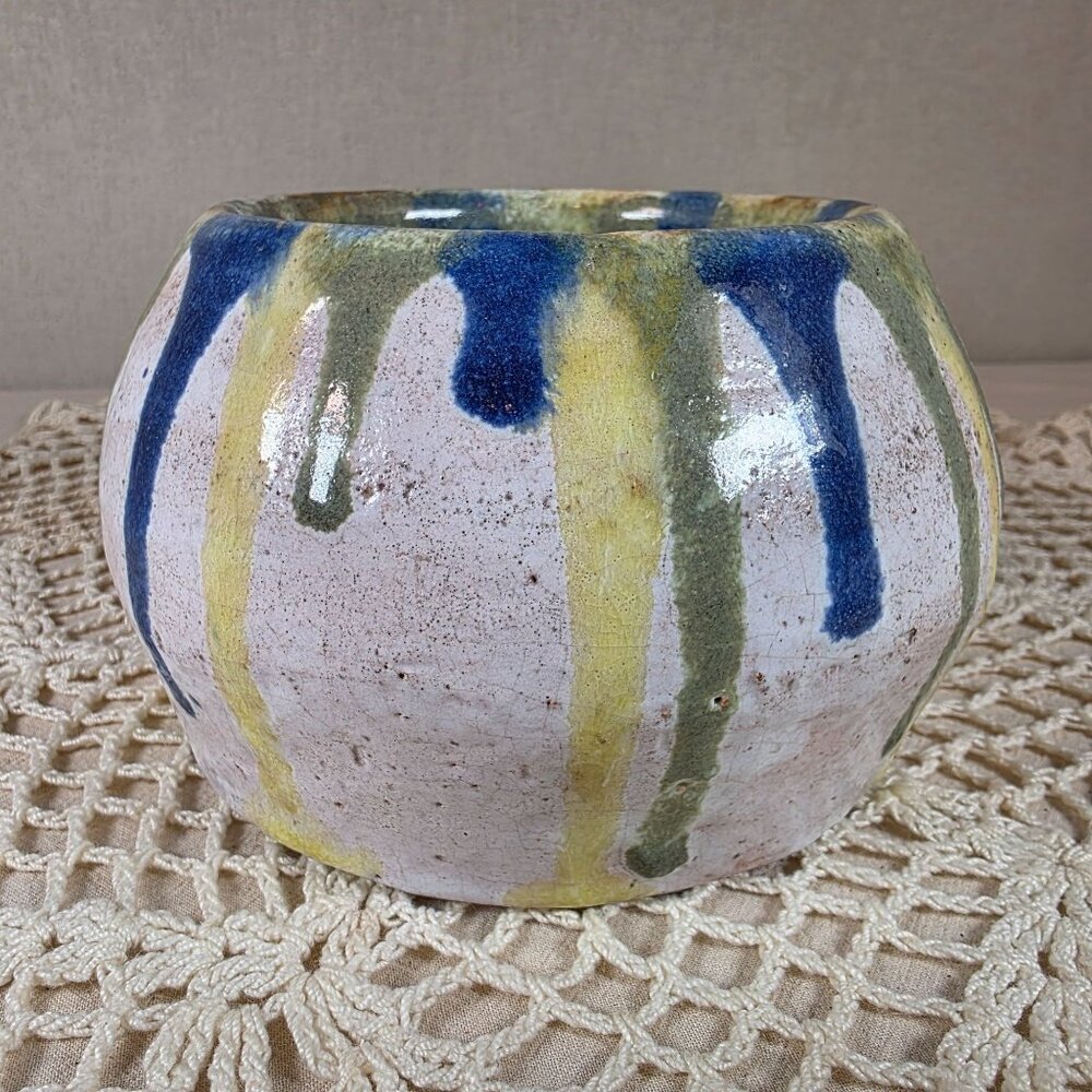 Handmade Ceramic Planter By Laurie Bennett With Blue Green & Yellow Drip Glaze D